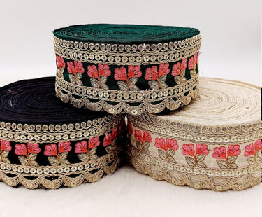 Art Silk Trim Gold Embroidered Sequins Pink Floral Trim, Decorative Trim, Indian Sari Border